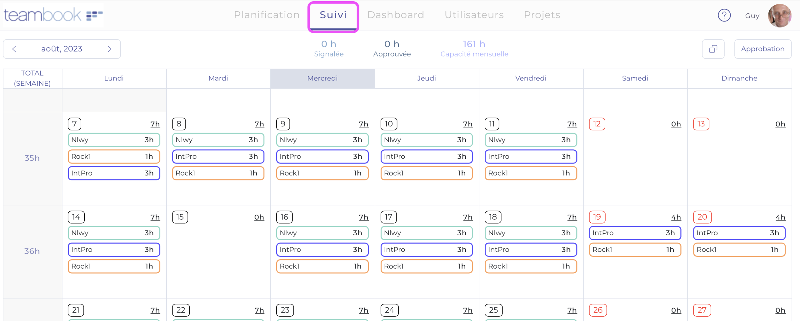 planning de suivi Teambook